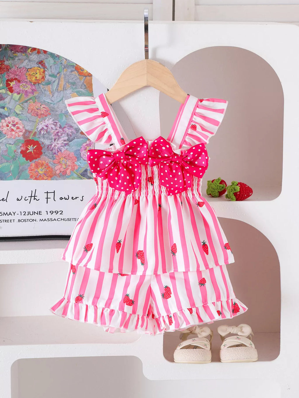 Children's Bow Ruffled Striped Top and Shorts Set