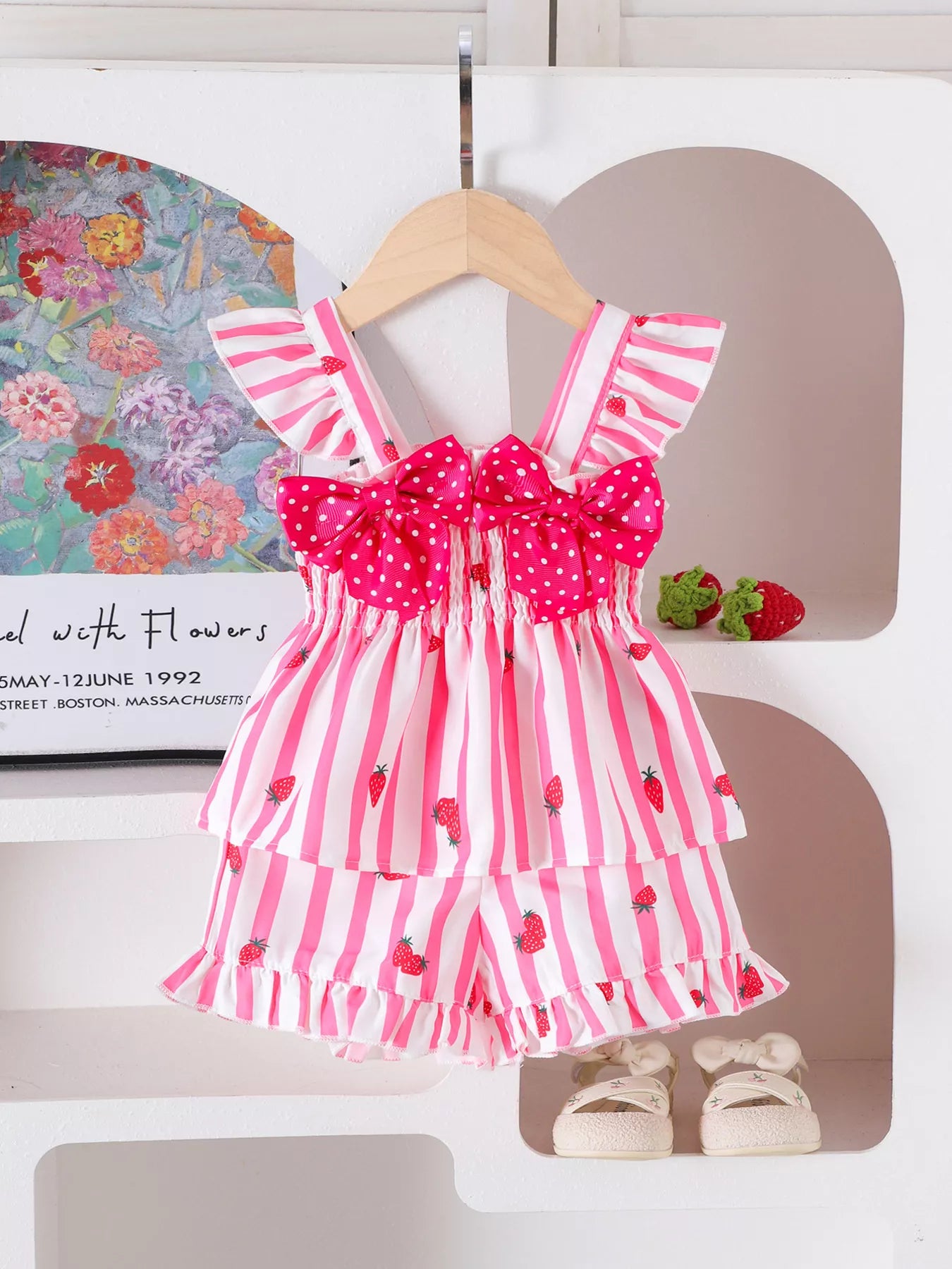 Children's Bow Ruffled Striped Top and Shorts Set
