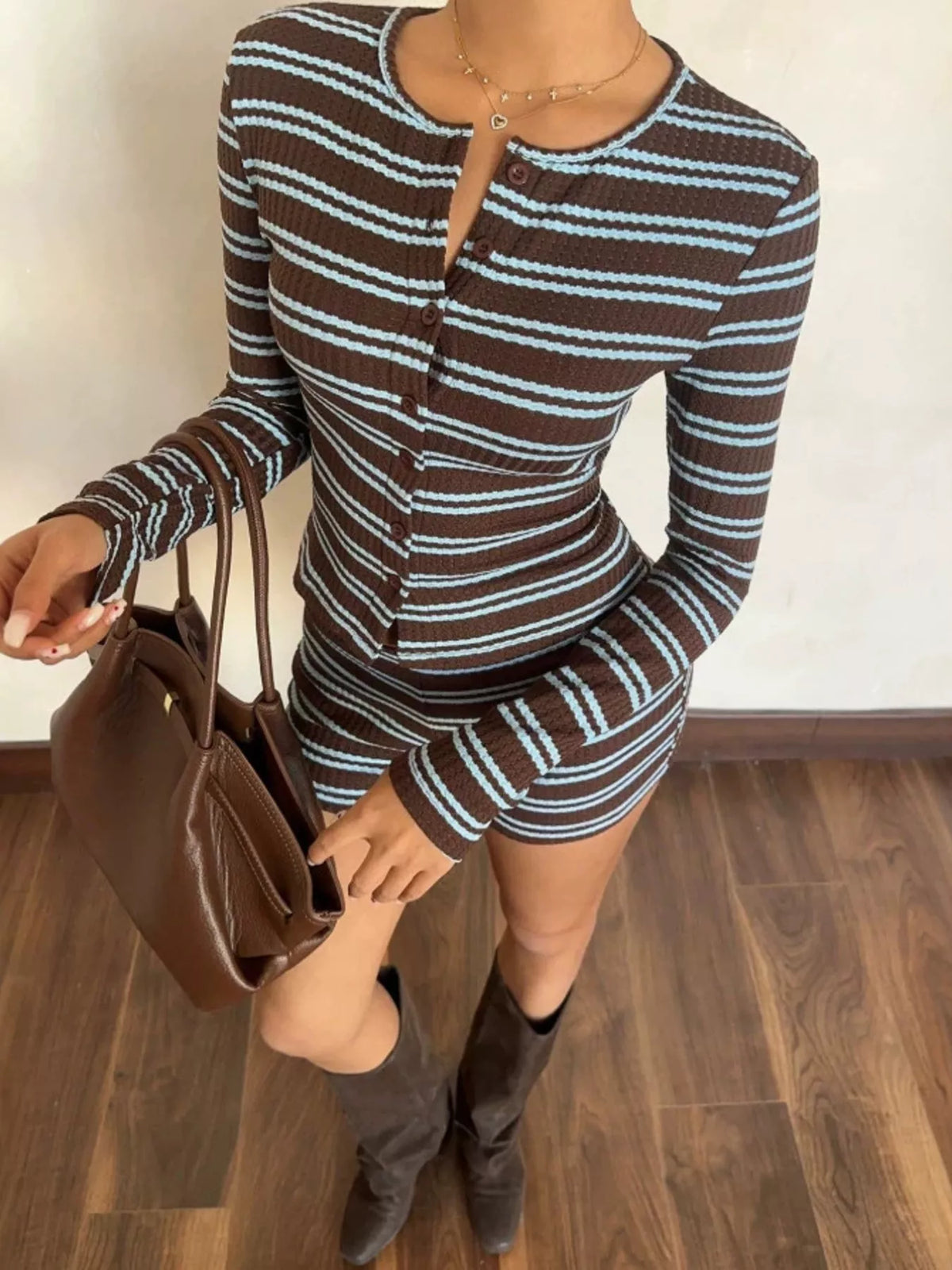 Striped Button-Down Cardigan and Shorts Set