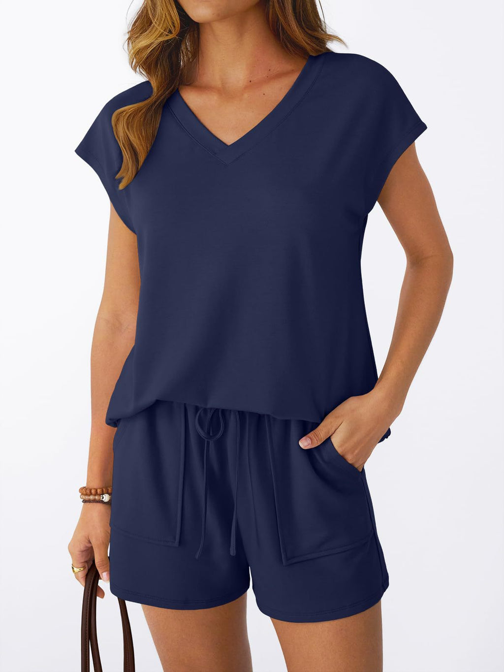 Summer Women V neck Short Sleeved Shorts Casual Two Piece Sets