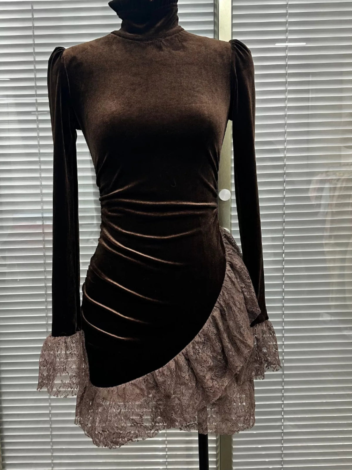 Velvet Mock Neck Mini Dress with Lace Ruffle Trim