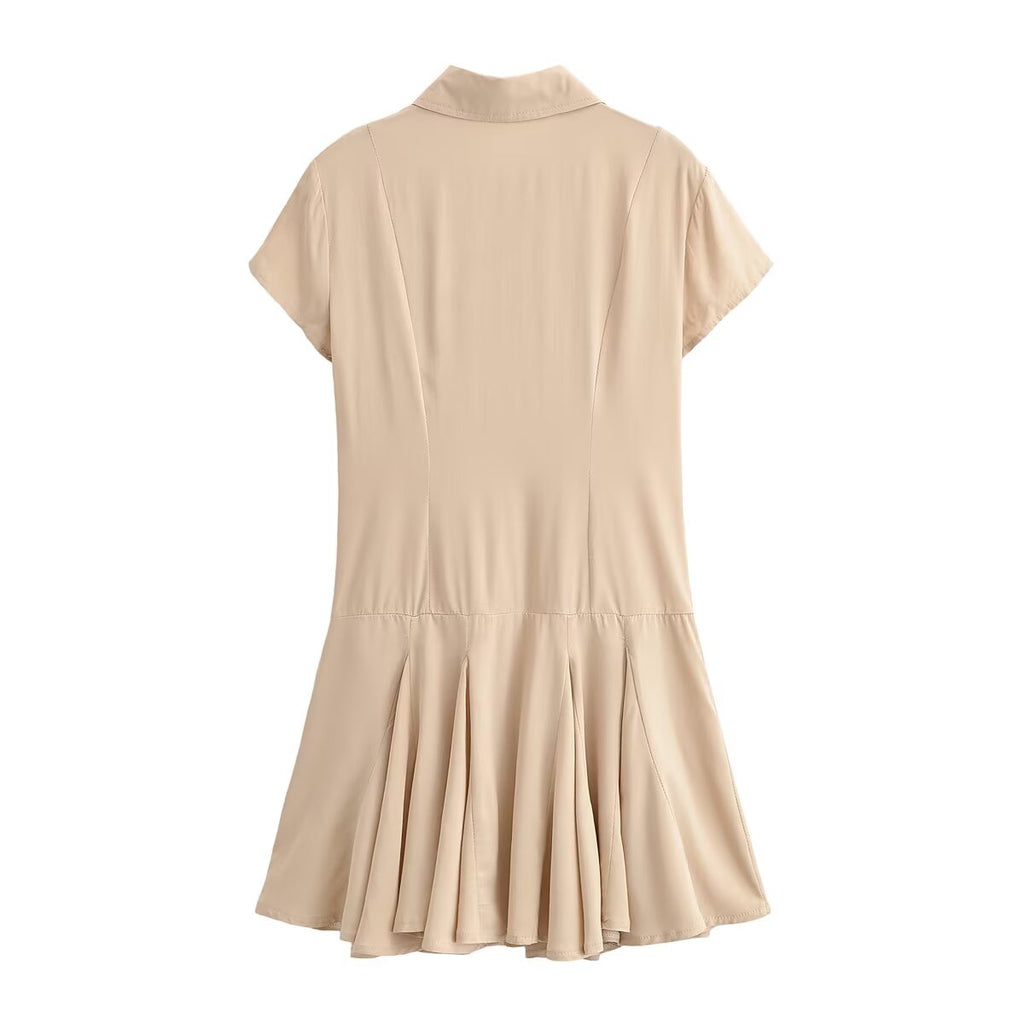 Women Clothing Summer Retro All Match Waist Shirt Pleated Short Office Dress