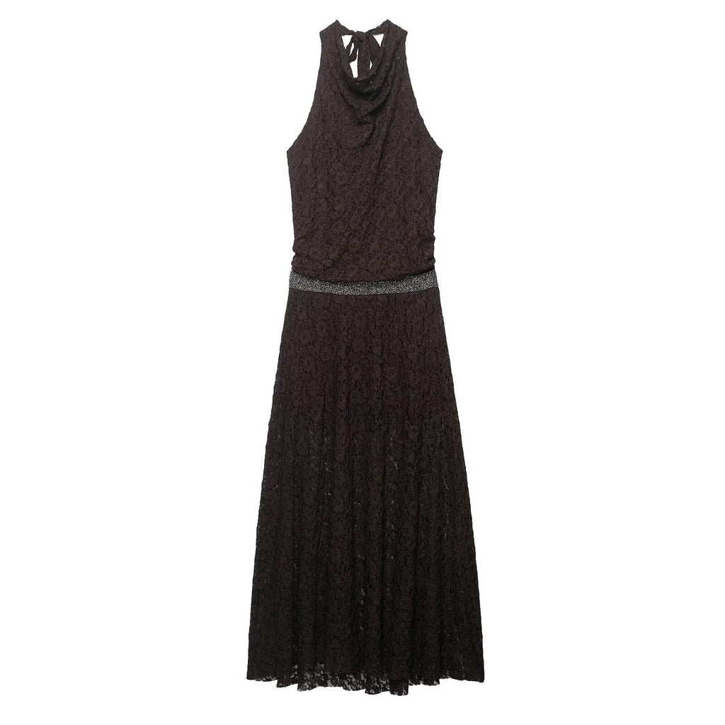 Spring French Halter Jacquard Sleeveless off Shoulder High Grade Waist Dress