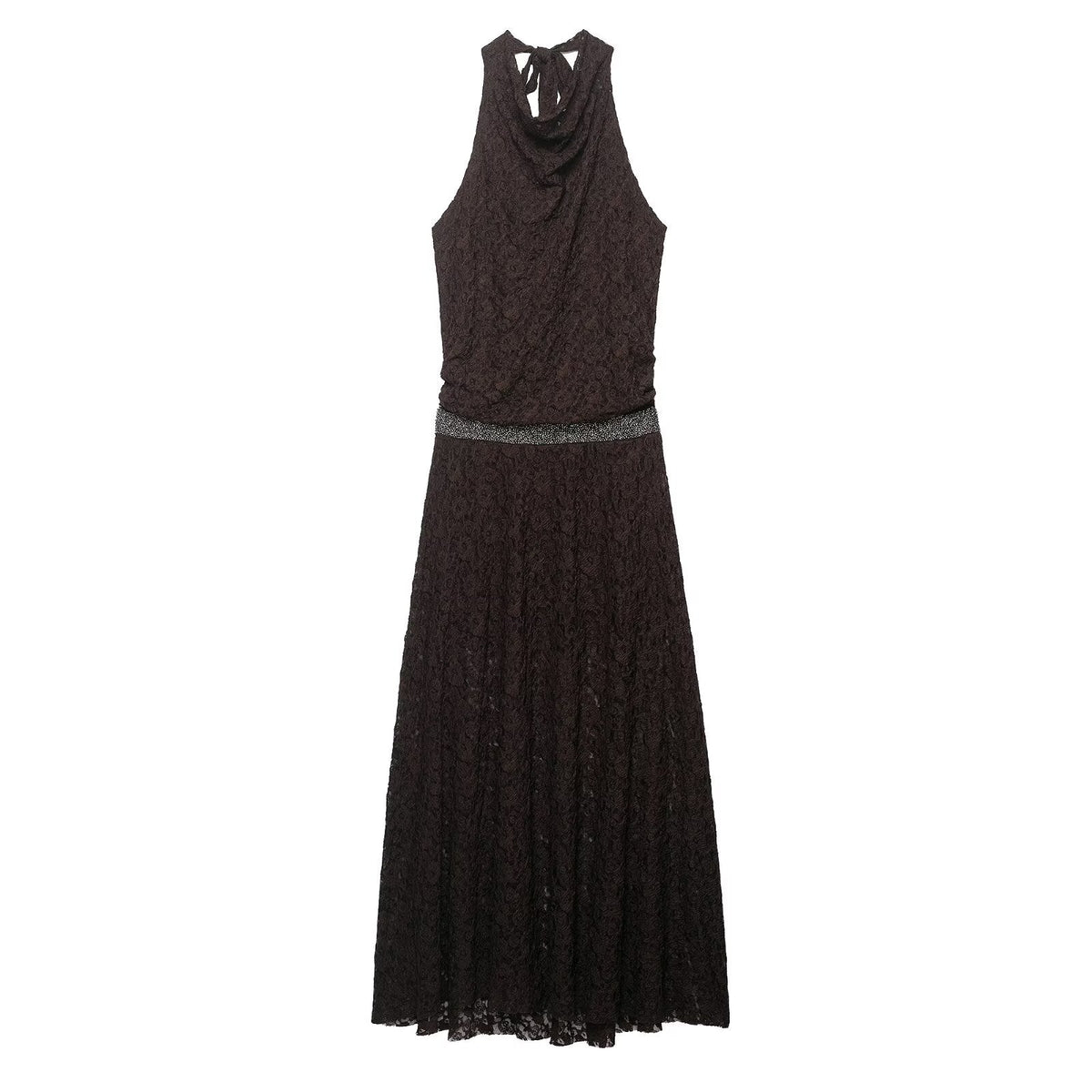 Spring French Halter Jacquard Sleeveless off Shoulder High Grade Waist Dress
