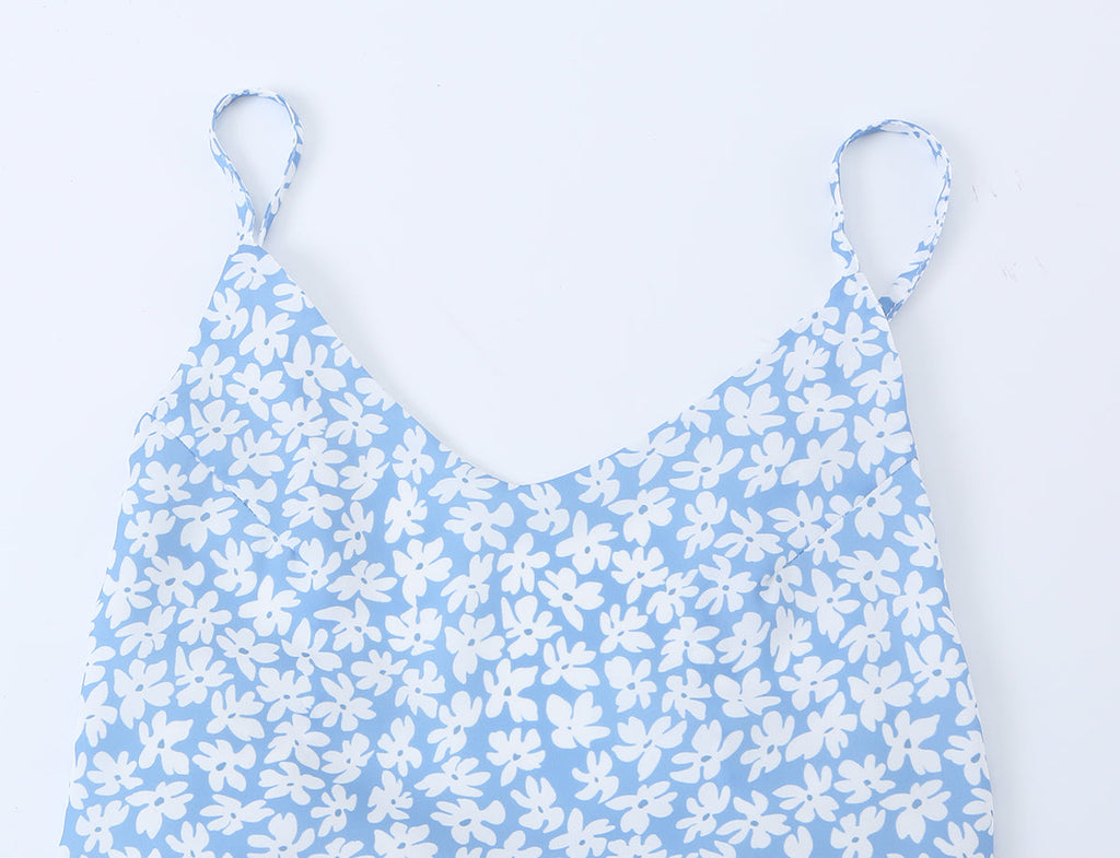 French Minority Vacation Floral Print Back Cut Lace up Bow Suspender Women Summer