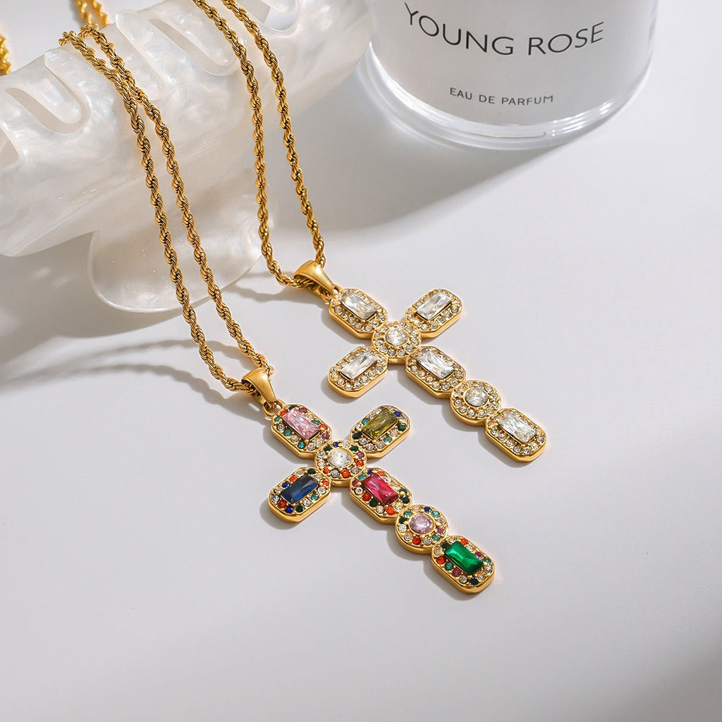 18K gold cross inlaid gemstone exquisite design dazzling necklace