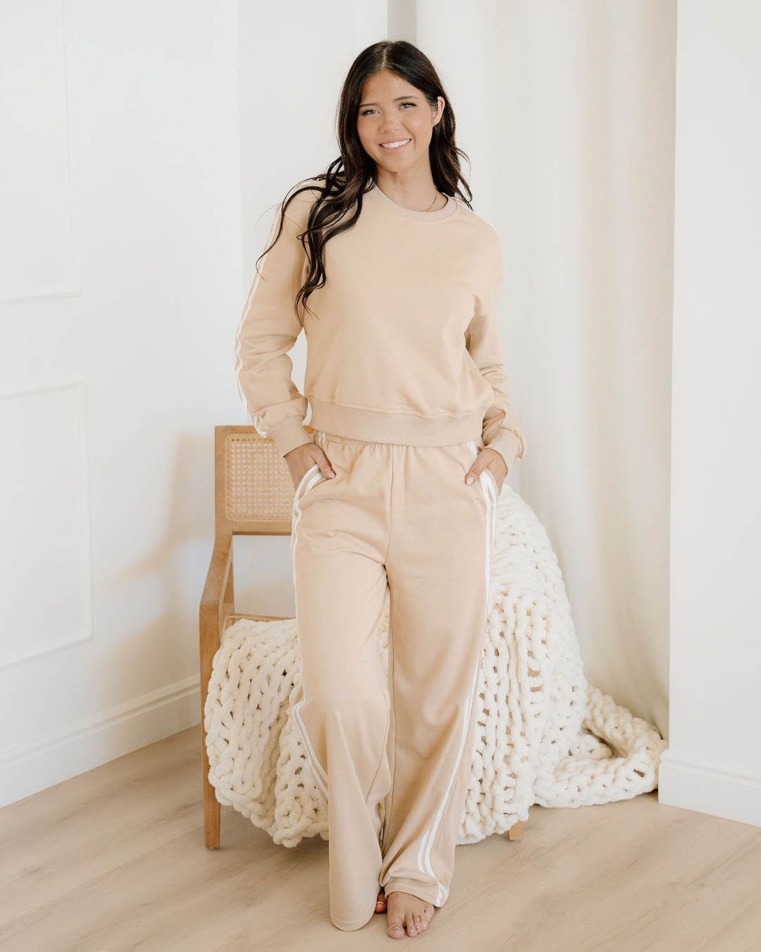 Varsity Pullover Wide Leg Pants 2pcs Outfit - Oatmeal
