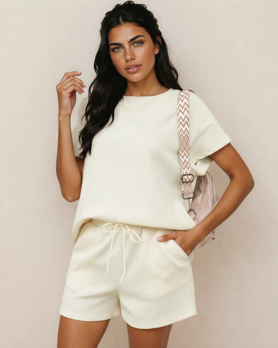 Astrid Textured Short Sleeve Top and Shorts Set - Cream