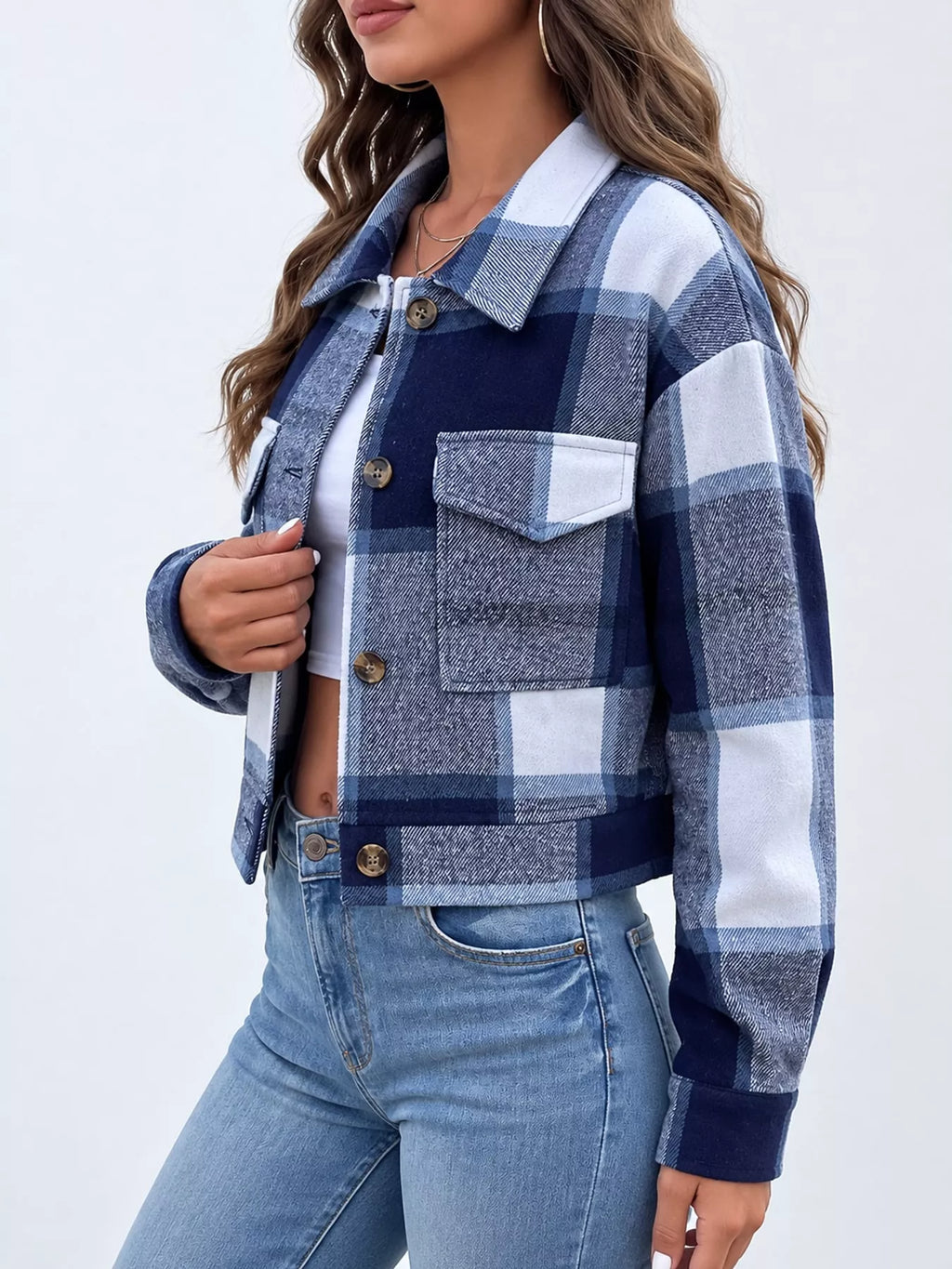 Plaid Button-Front Cropped Jacket