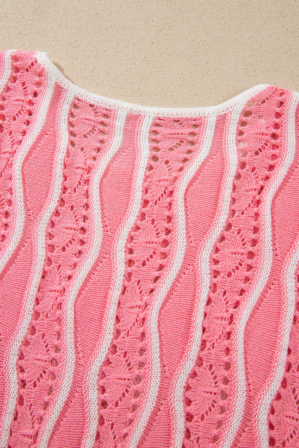 Khaki Wavy Detail Hollow Out Knit Long Sleeve Cotton Pullover Sweater