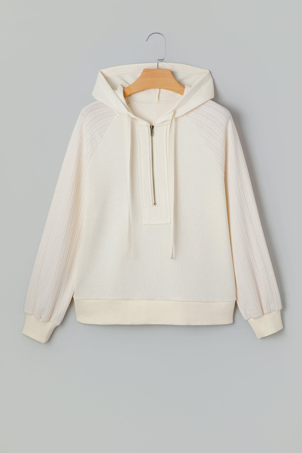 Solid Half-Zip Textured Patchwork Sleeve Hoodie