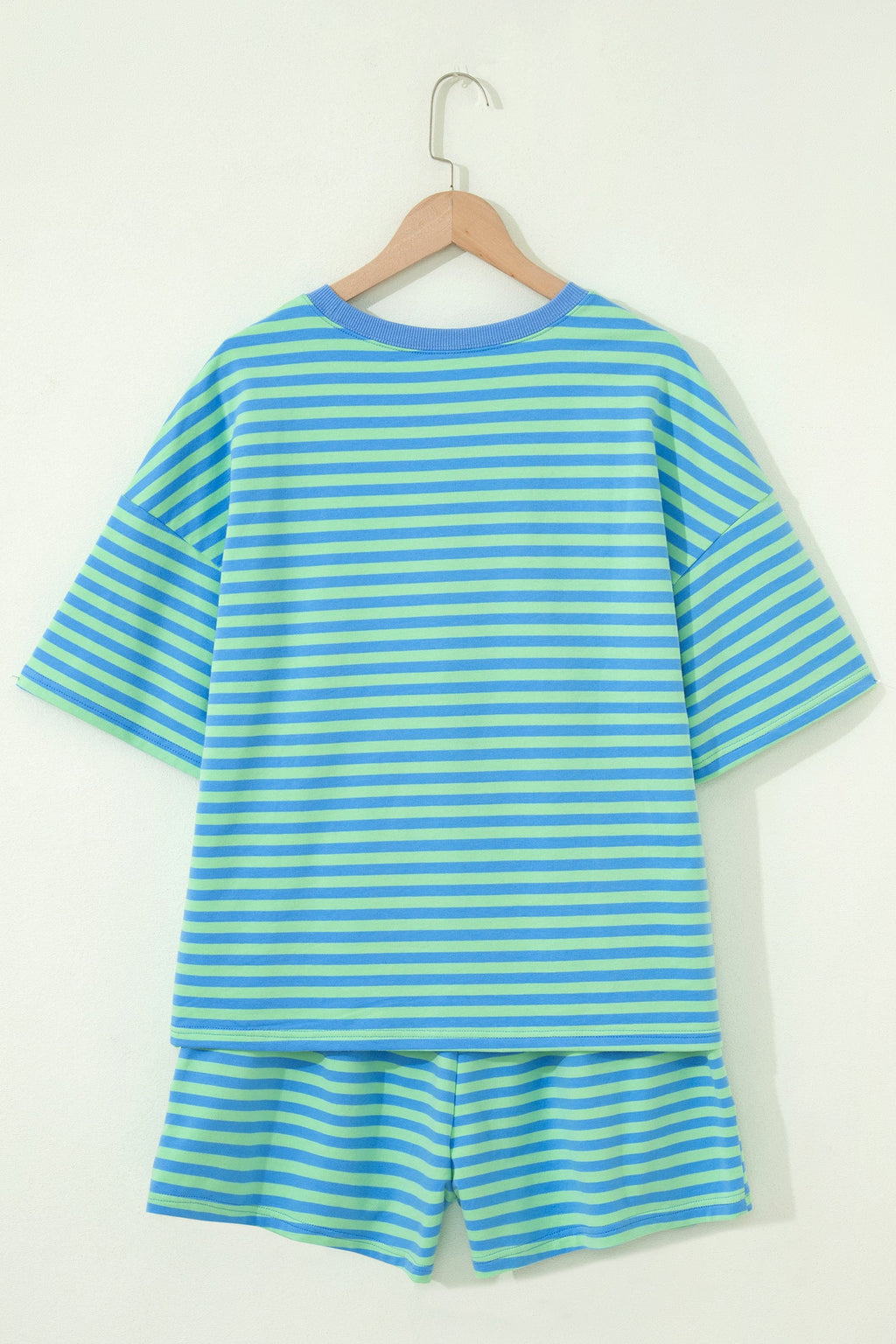 Green Stripe Striped Ribbed Cotton Two-Piece Pant Set with Chest Patch Detail