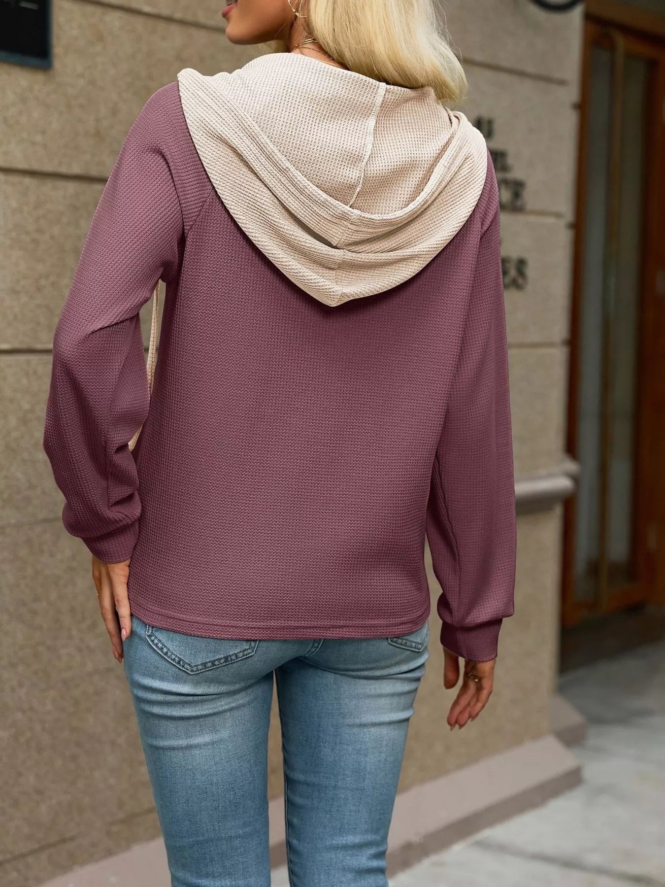 Waffle Knit Henley Hoodie with Contrast Trim