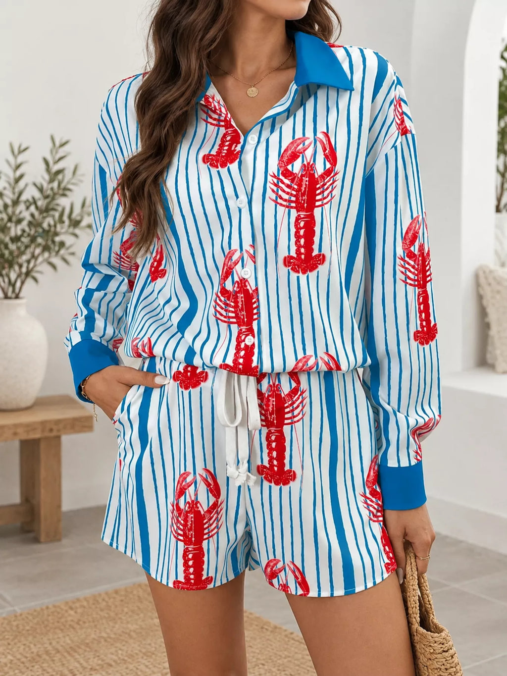 Lobster Print Striped Button-Down Shirt and Shorts Set
