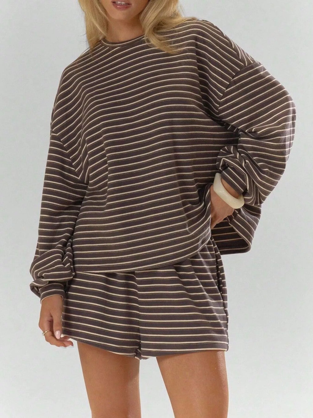 Casual Striped Long-Sleeve Top and Shorts Set