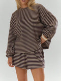 Casual Striped Long-Sleeve Top and Shorts Set