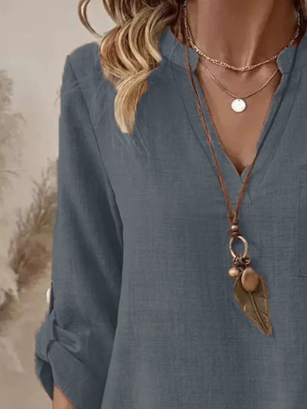 Casual V-Neck Roll-Sleeve T-Shirt with Pocket