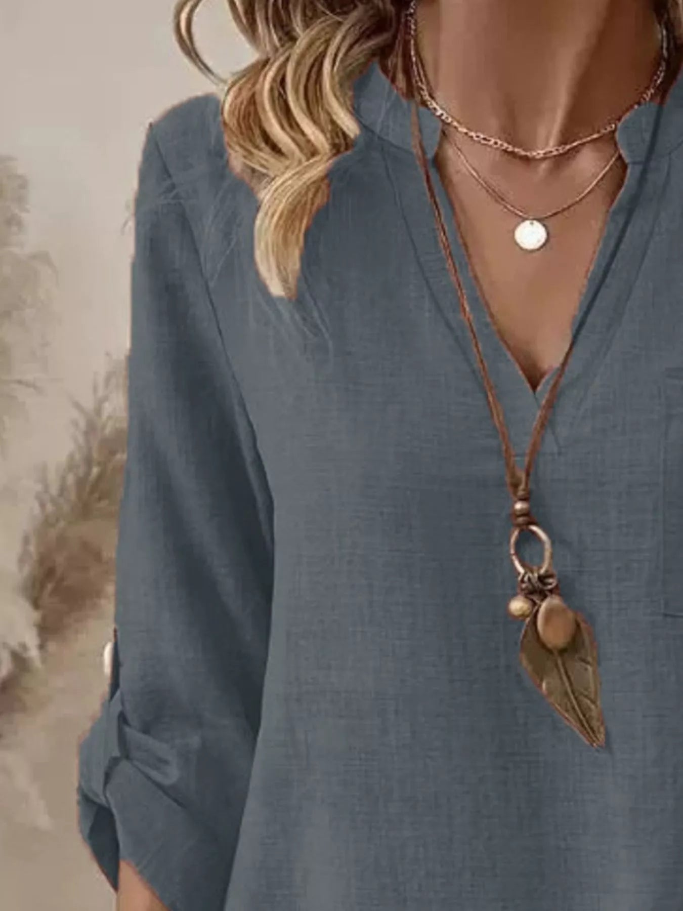 Casual V-Neck Roll-Sleeve T-Shirt with Pocket