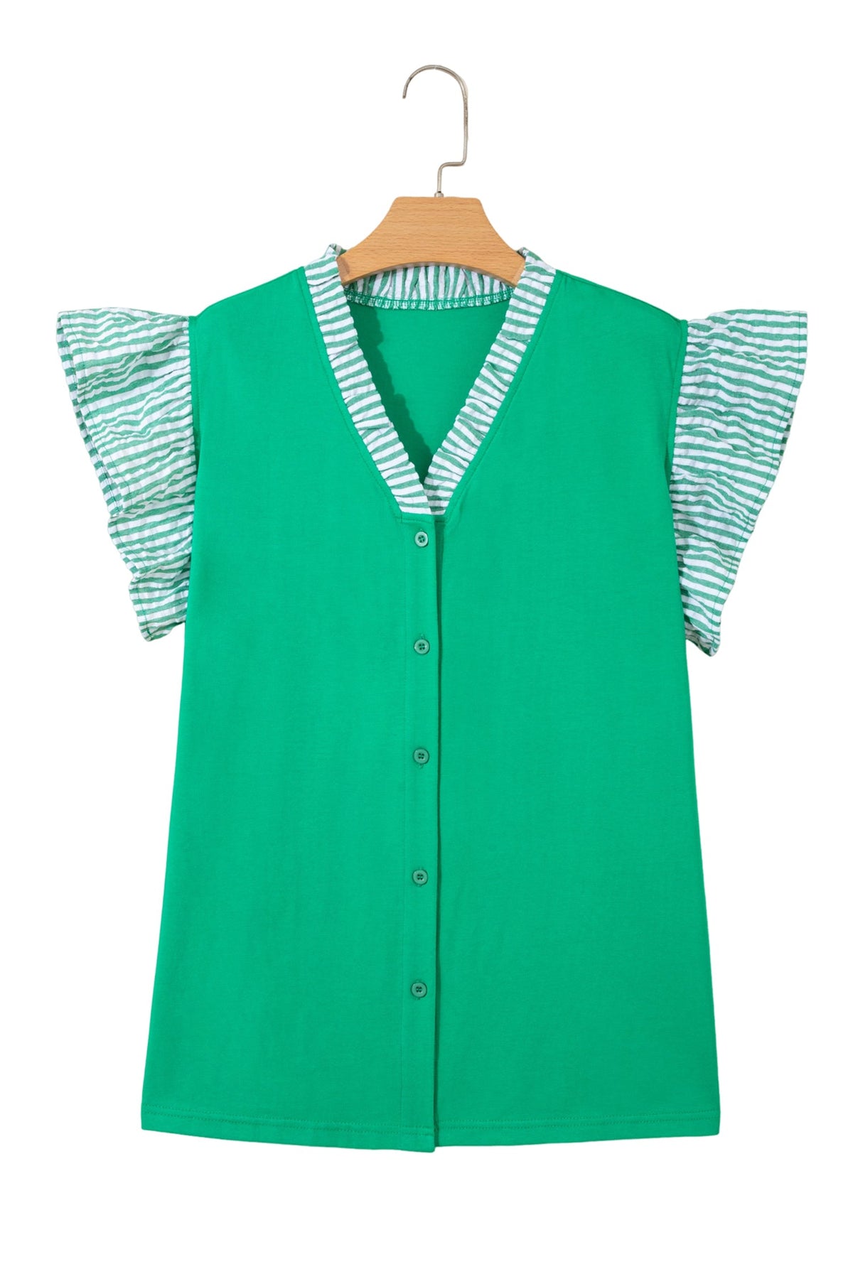 Plus Size Stripe Trim Ruffle Sleeve V-Neck Blouse