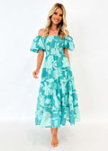 Summer Women Clothing off Neck Chiffon Puff Sleeve Layered Waist Trimming Printing Dress