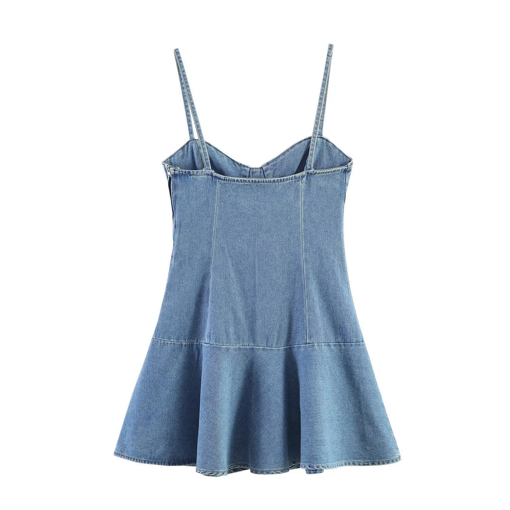 Tube Top Cinched Waist Denim Mini Strap Dress