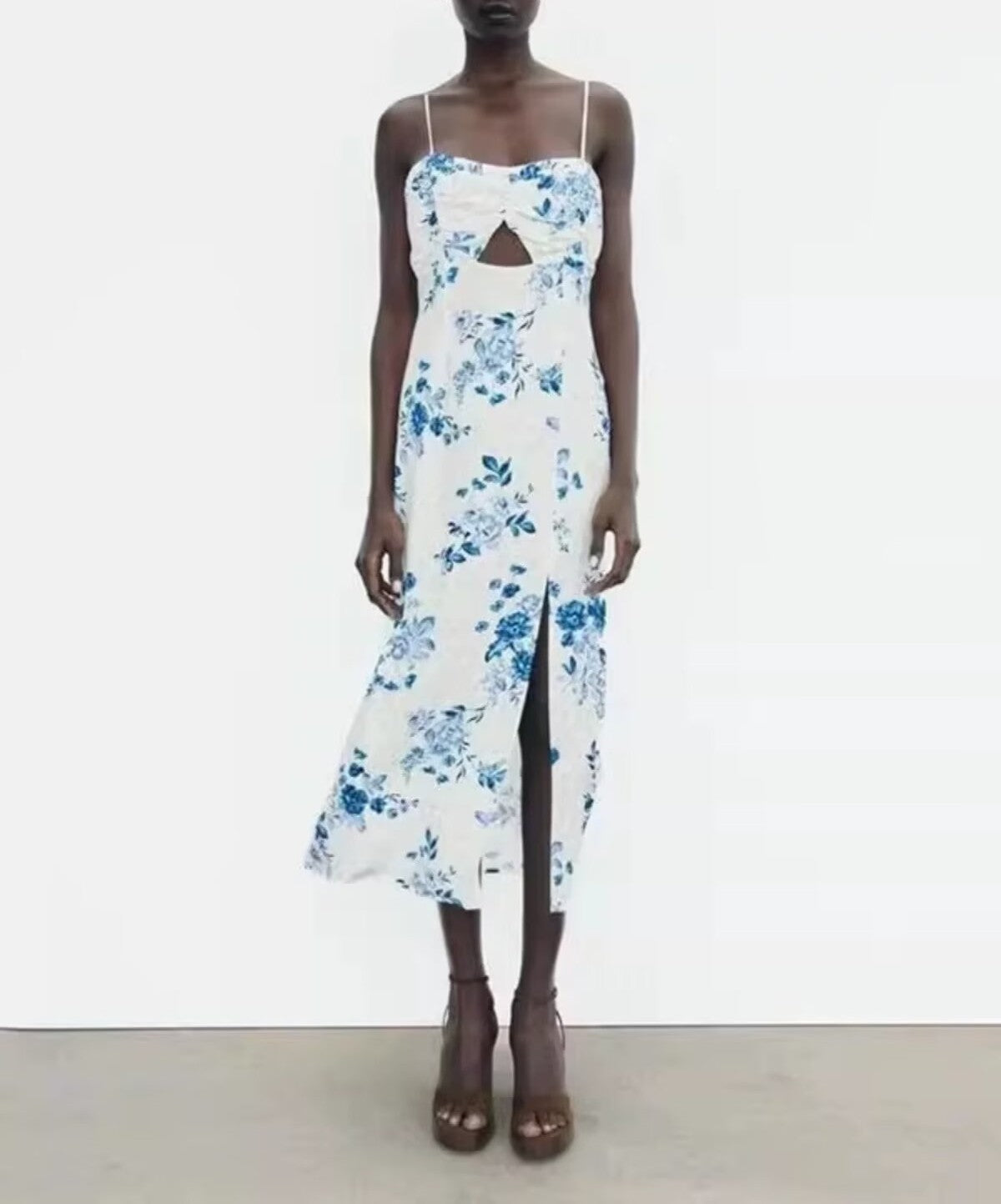 Women Clothing Spring Holiday Backless Spaghetti Strap Floral Print Midi Dress