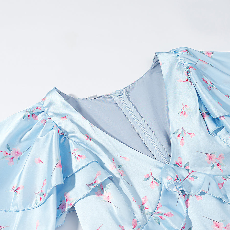 Summer Women Clothing Floral Flounce Socialite V neck Satin Short Sleeve Waist Controlled Dress