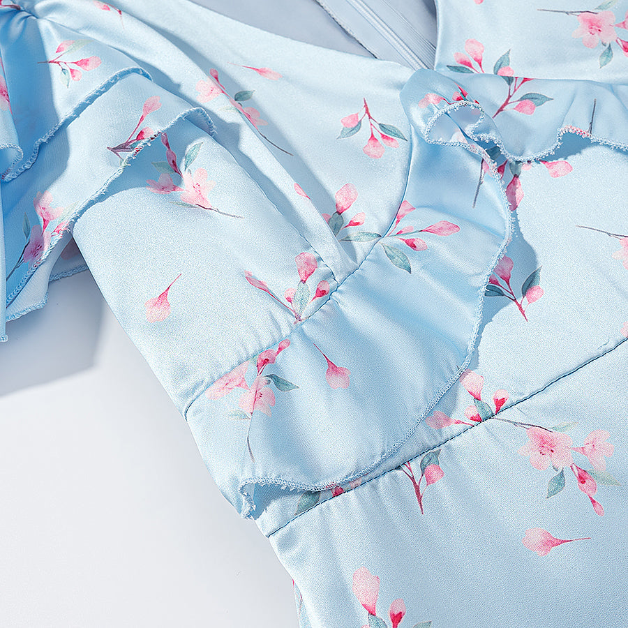 Summer Women Clothing Floral Flounce Socialite V neck Satin Short Sleeve Waist Controlled Dress