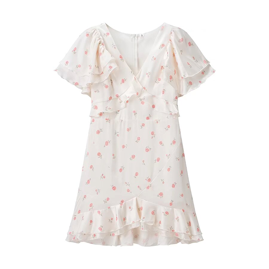Summer Women Clothing Floral Flounce Socialite V neck Satin Short Sleeve Waist Controlled Dress