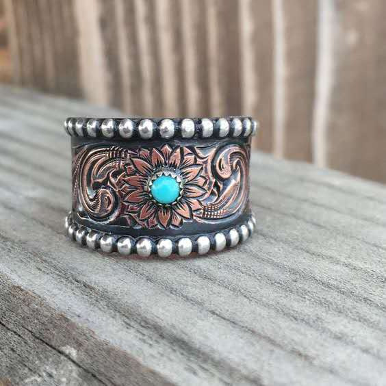Two-tone Vintage Embossed Turquoise Copper Ring