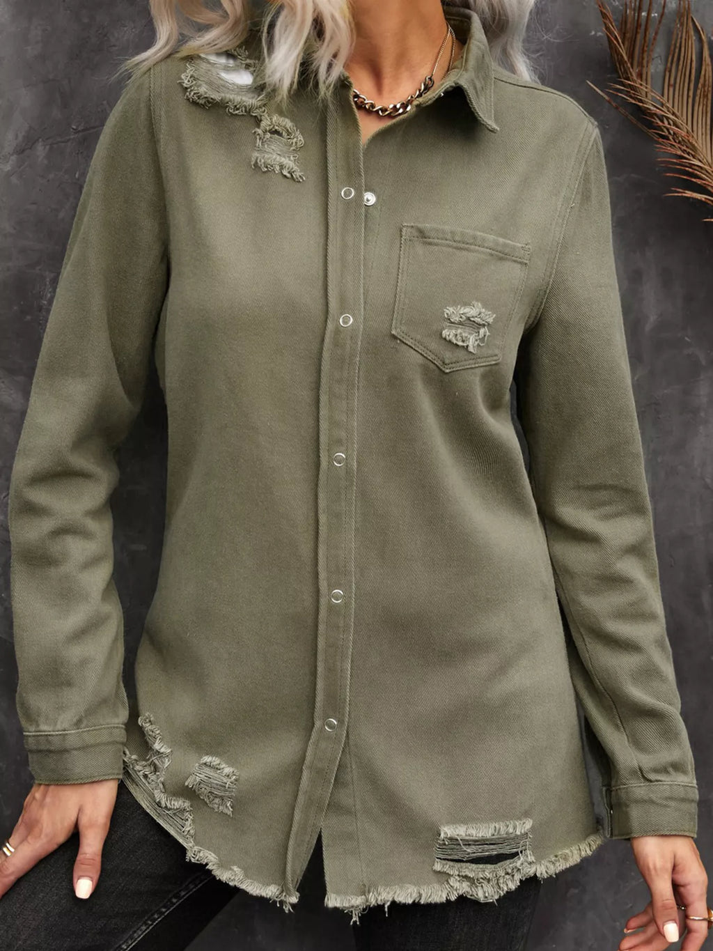 Raw Hem Distressed Denim Shirt Jacket