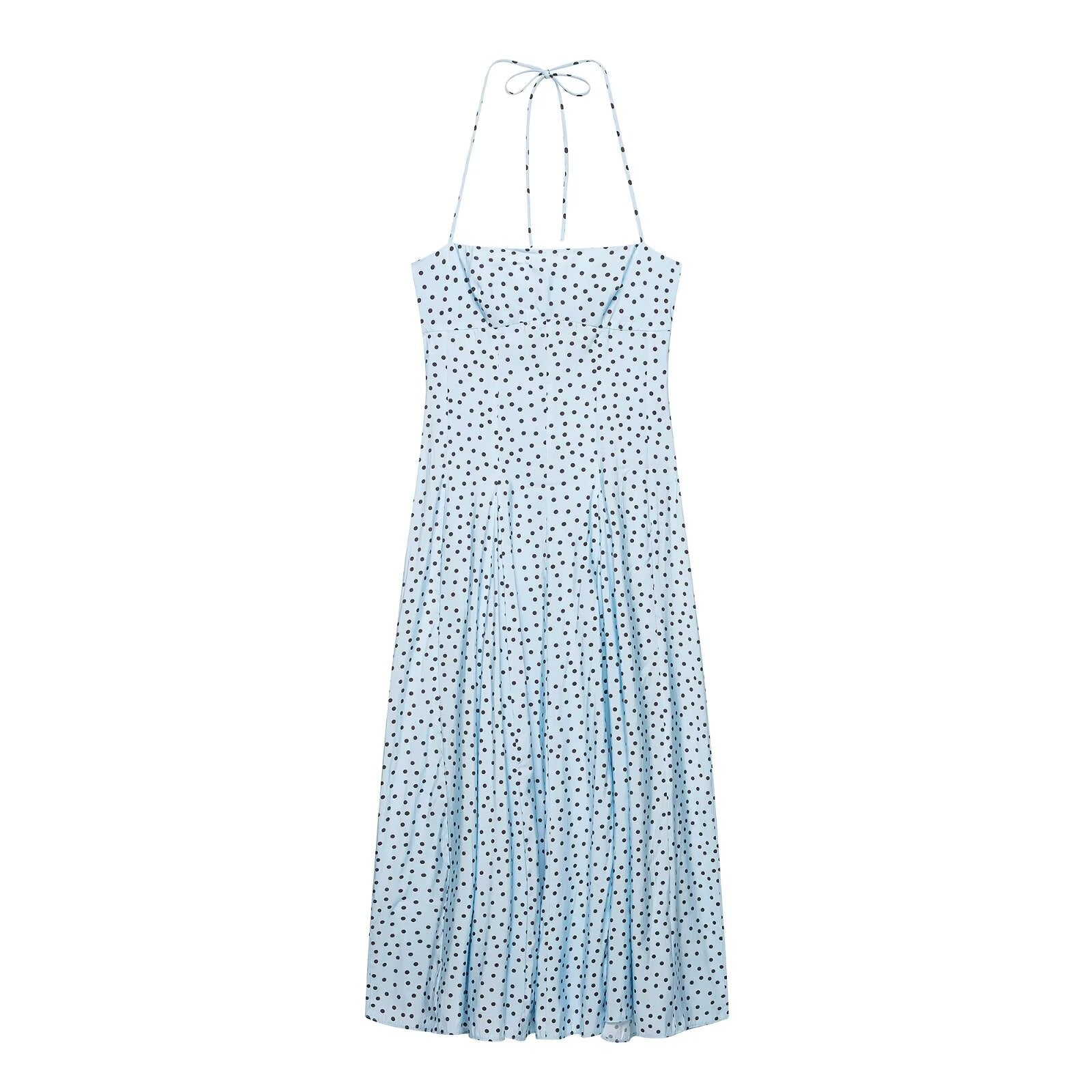 Women Clothing Summer Polka Dot Hanging Collar Fluffy Midi Dress