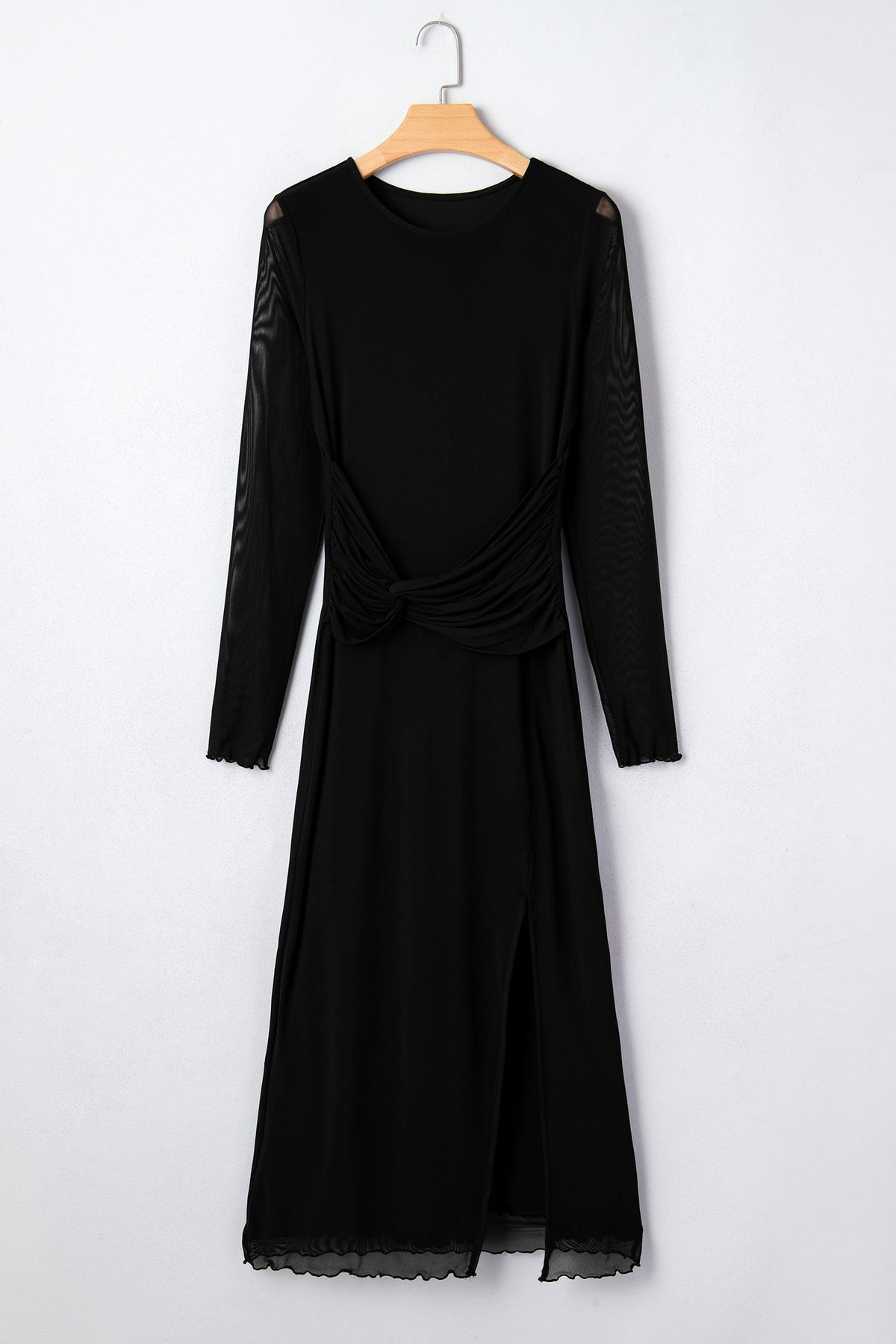 Solid Mesh Knotted Waist Side Slit Midi Dress