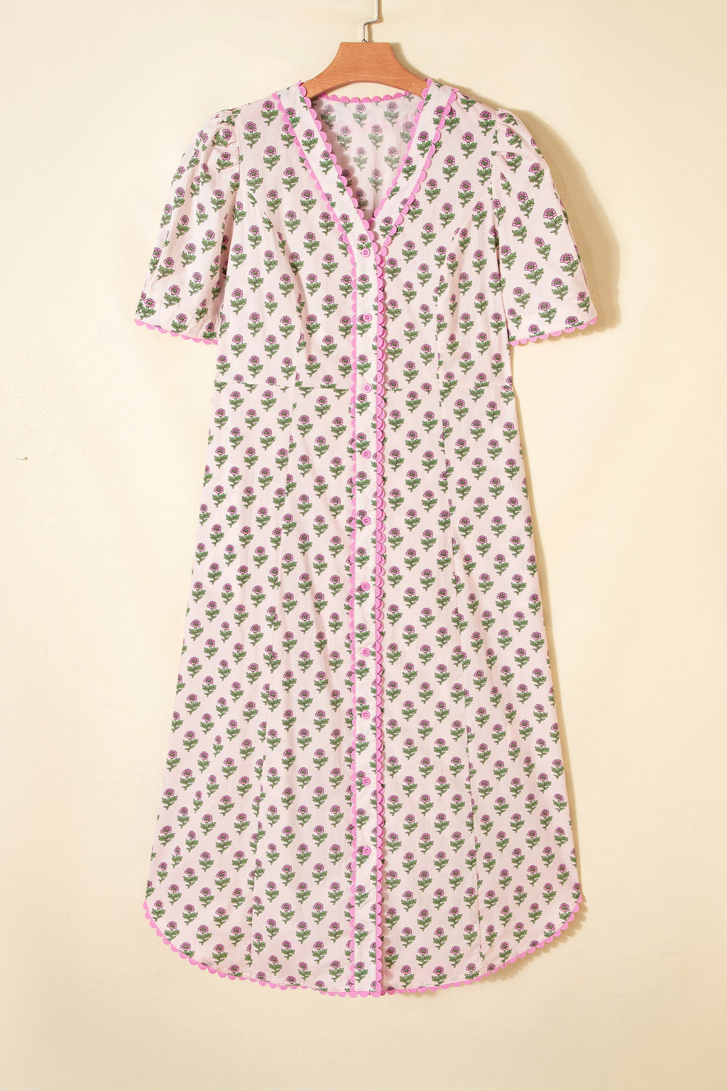 Pink Floral Print V Neck Scallop Trim Button Front Short Sleeve Long Dress