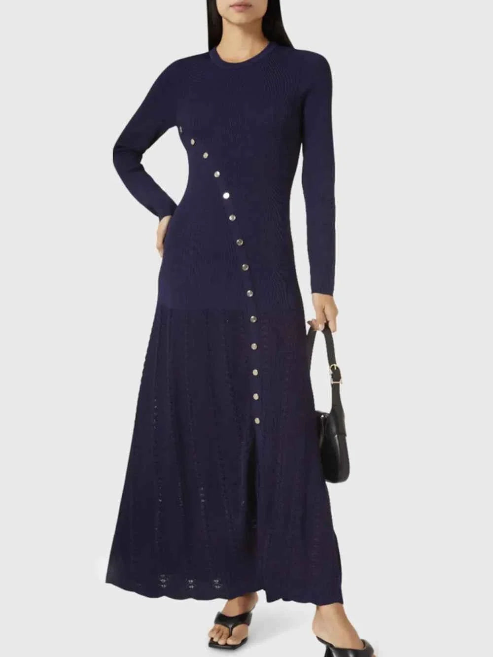 Openwork Round Neck Long Sleeve Knit Sweater Dress