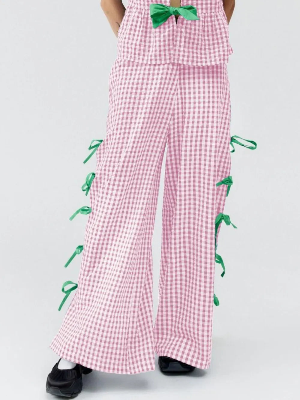 Side Tied Plaid Pants with Relaxed Leg and Slit
