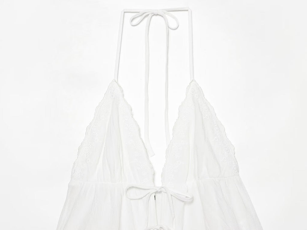 Women Clothing Summer Sexy Tulle Embroidered Hanging Collar Sling Top
