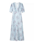 Women Gentle Satin Floral V neck Pleated Short Sleeves Dress