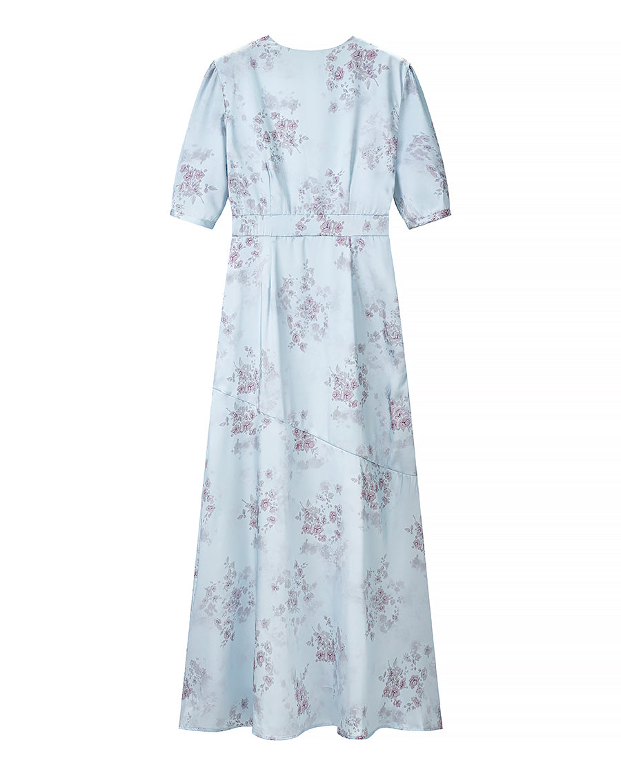 Women Gentle Satin Floral V neck Pleated Short Sleeves Dress