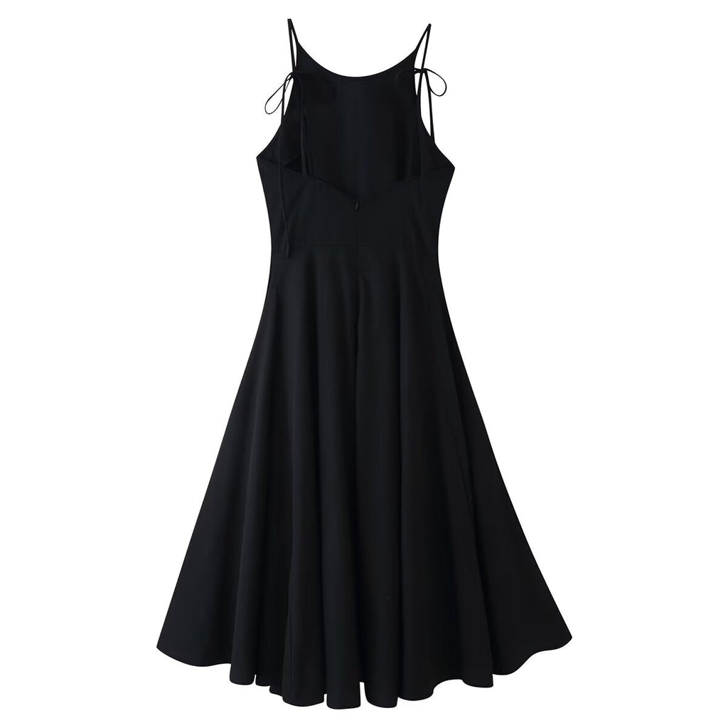 Women Clothing Minimalist Bow Tie Hanging Collar Midi Dress