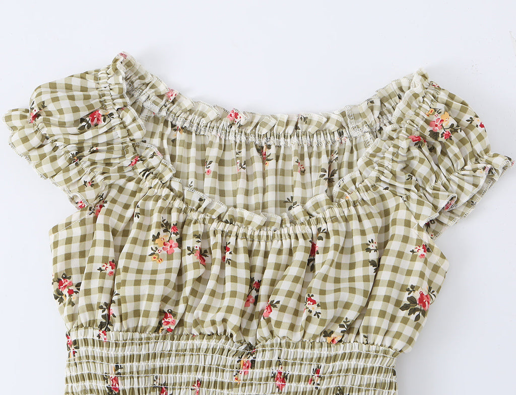 Square Collar Lace up Waist Controlled Printed Pleating Sexy Short Sleeve Women ummer A line Dress