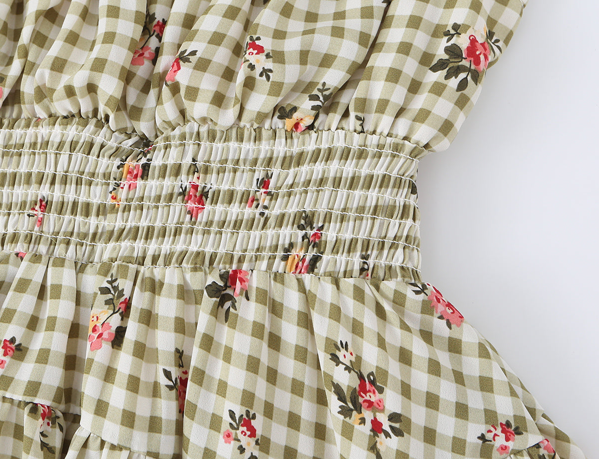 Square Collar Lace up Waist Controlled Printed Pleating Sexy Short Sleeve Women ummer A line Dress