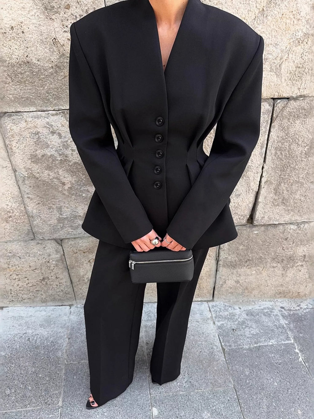 Chic Button Down Pleated Blazer and Wide-Leg Pants Suit Set