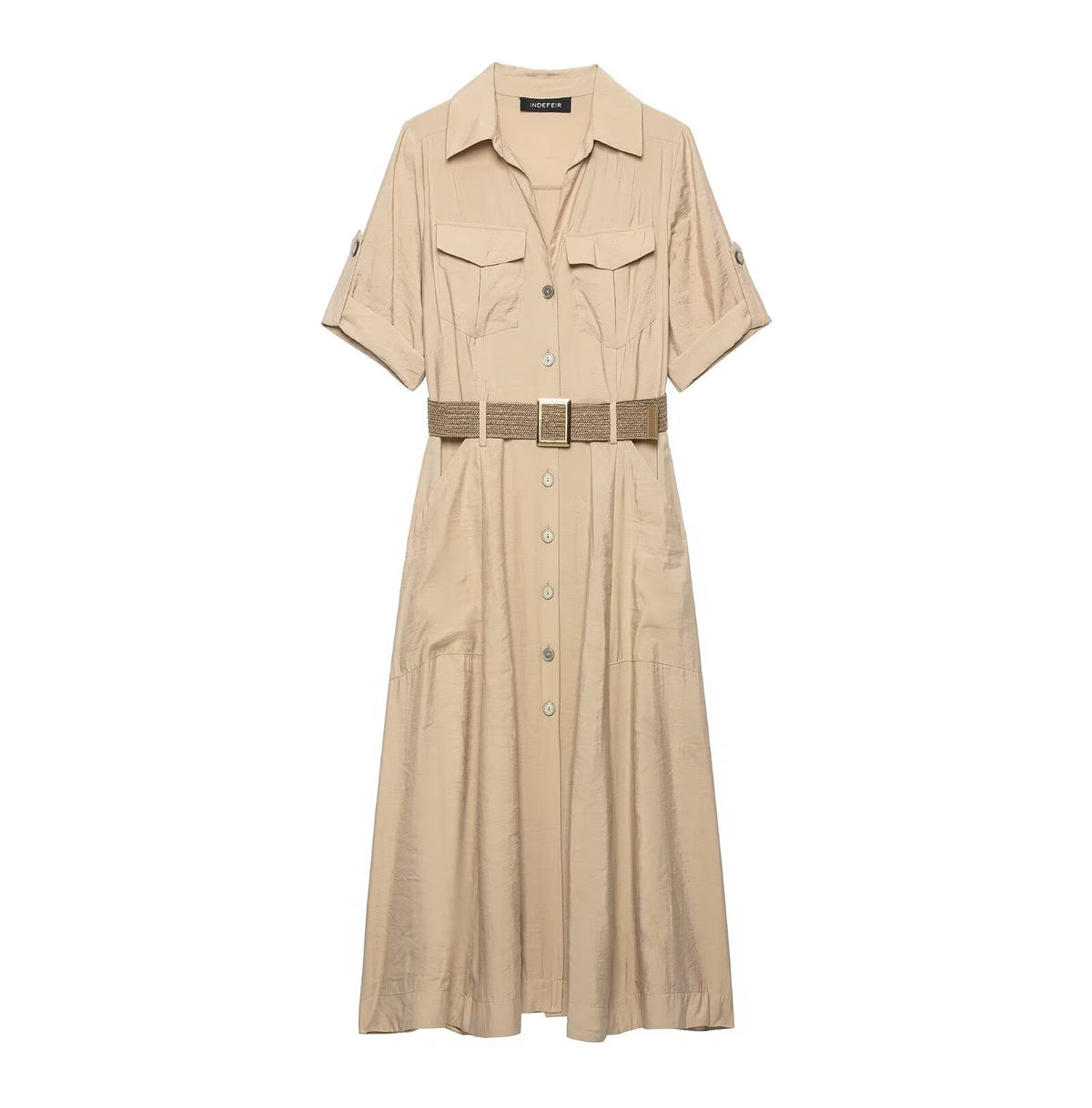Women Clothing Office with Belt Shirt Short Sleeve Dress