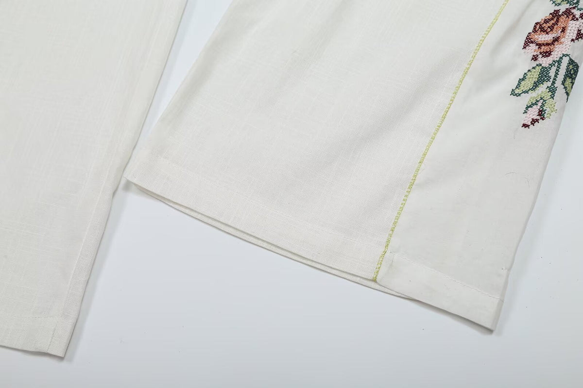 Women Clothing Summer Casual Side Striped Embroidered Ribbon Straight Leg Pants