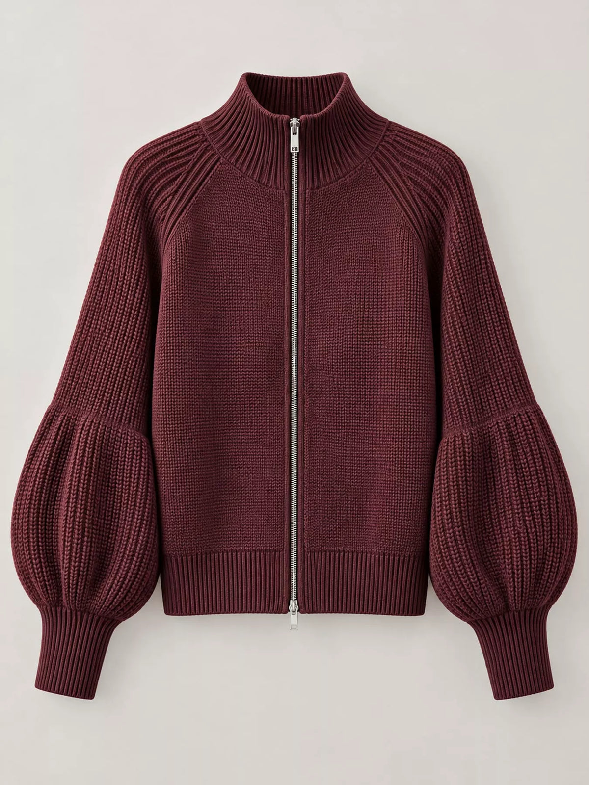 Ribbed Knit Zip-Up Cardigan with Lantern Sleeves