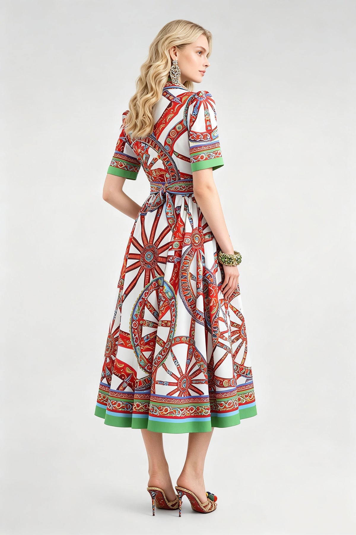 Women Summer Printed Collar Neck Blouse Paired With A Line Dress