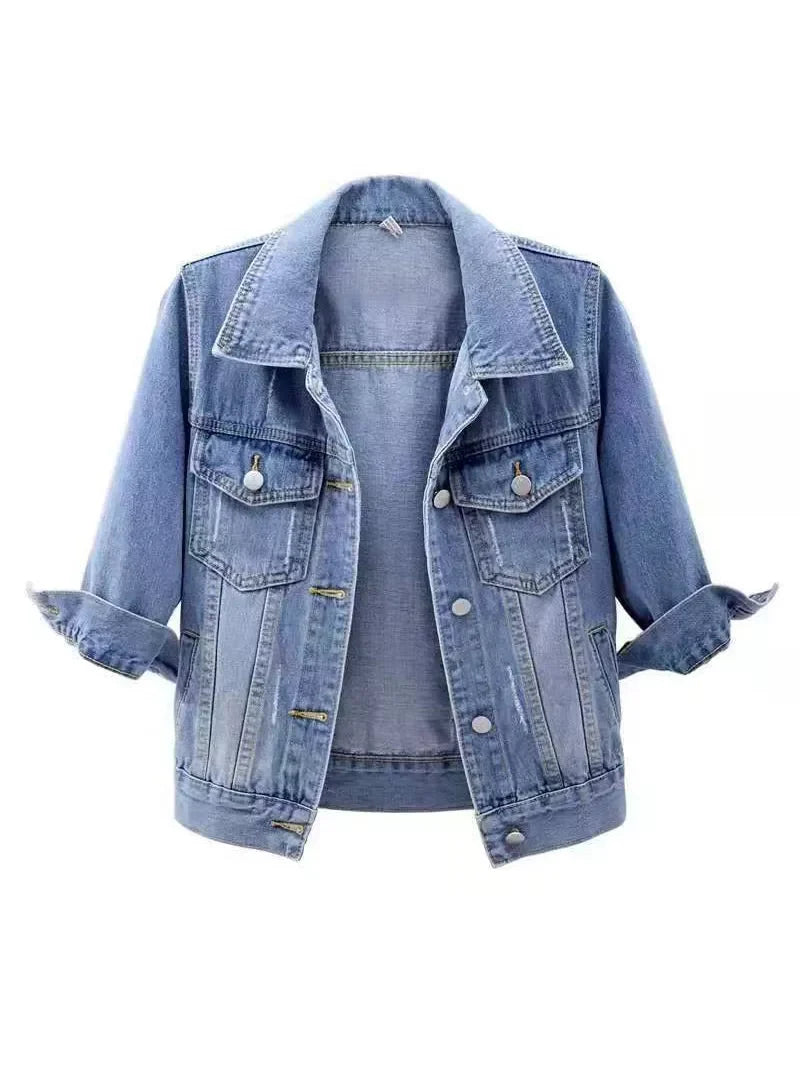 Full Size Distressed Mid-Sleeve Denim Jacket Plus Size