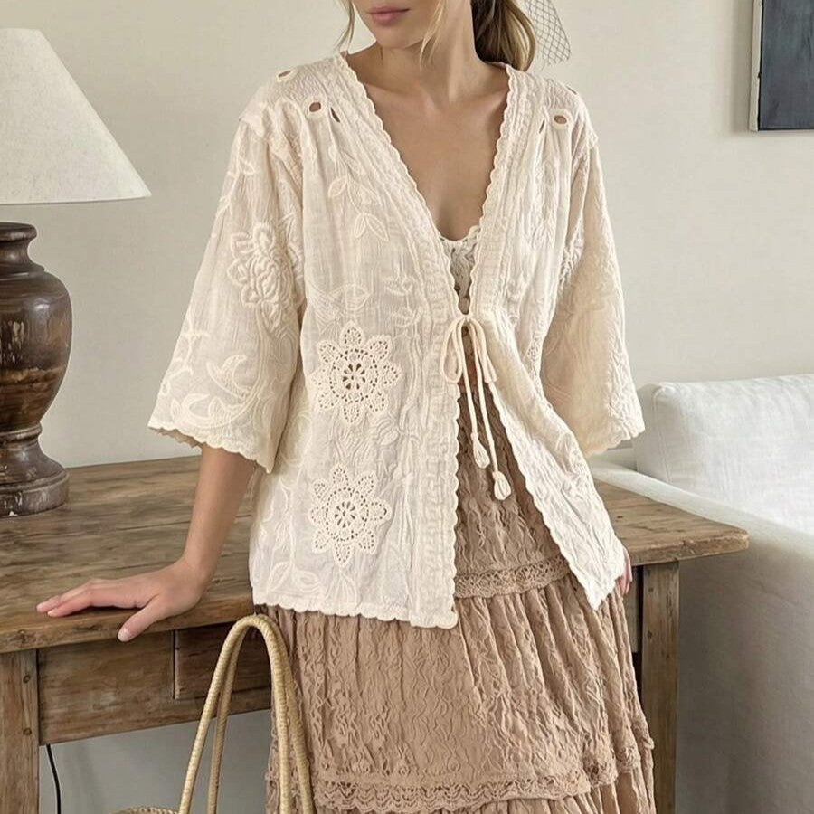 Women V Neck Short Sleeve Lightweight Loose Fitting Slimming Top With Tie Detail