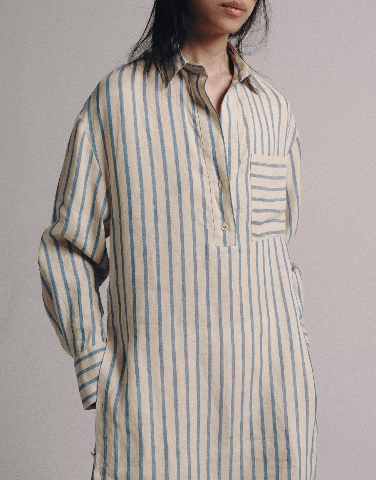 Women Clothing Summer Linen Striped Shirt Long Sleeve Dress